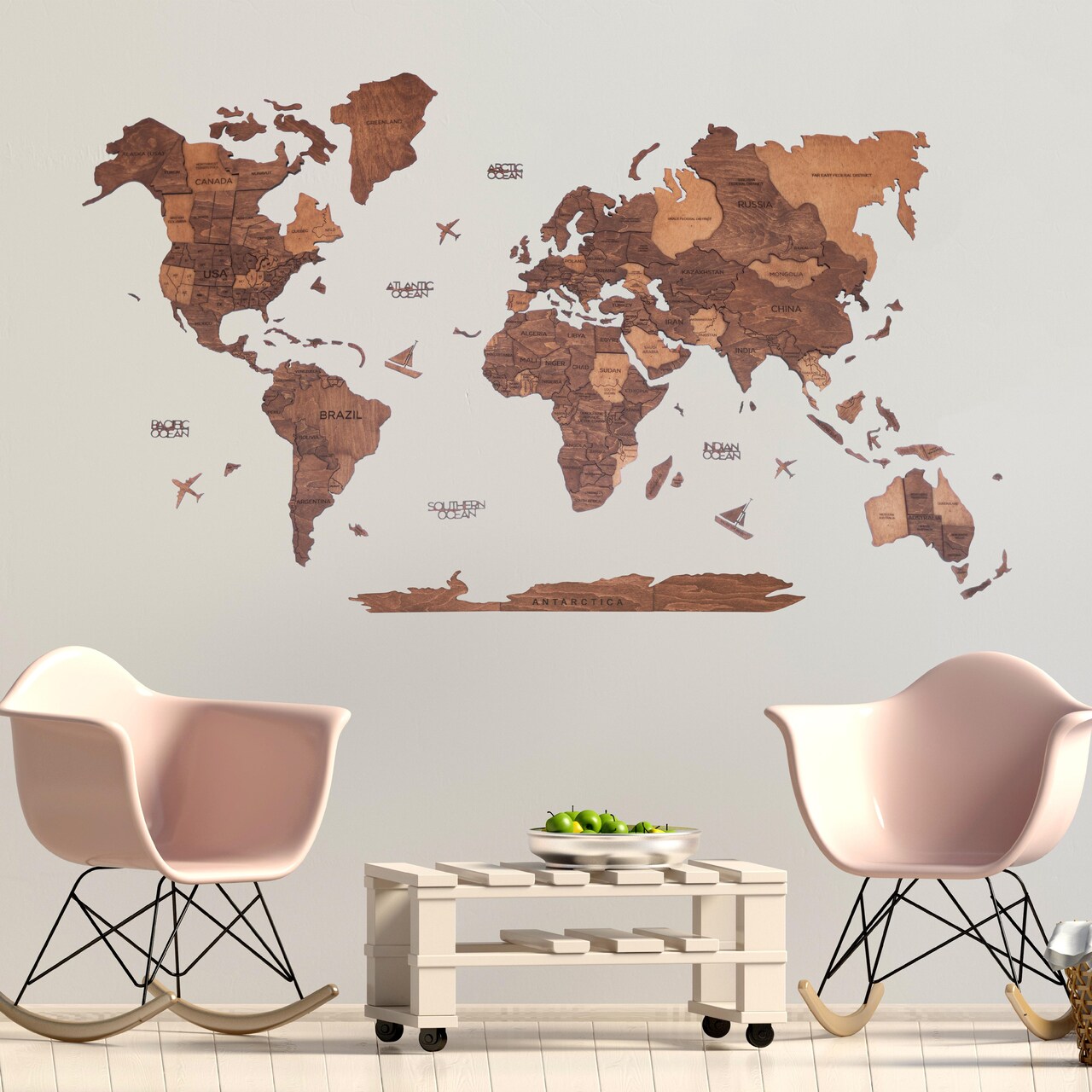 Living Room Decor, 3D World Map Wall Art Oak color, Travel Map, Housewarming Gift for the Home, Enjoy The Wood